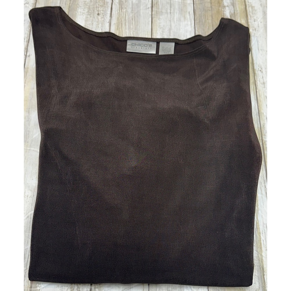 Chicos Travelers Brown Ribbed Asymmetrical Hem‎ Long Sleeve Top Size 2(U.S. 12)